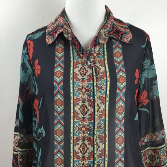 Soft Surroundings Black Tribal-Print Semi Sheer Button Up Top s/p - Picture 3 of 9